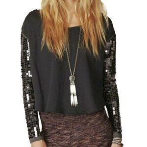 Free People Sequins Sleeve Top in Charcoal Raw Hem Sweatshirt Size S